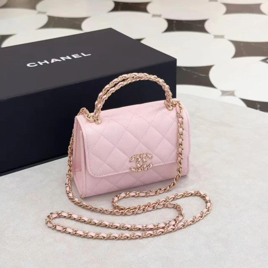 95新 Chanel/香奈儿 GGS25s手柄kelly中号粉色金扣荔枝27586116