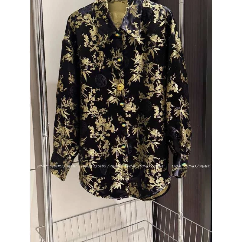 高温妮【金竹】别致复古休闲金织提花廓形平安锁长袖衬衫   5e32179