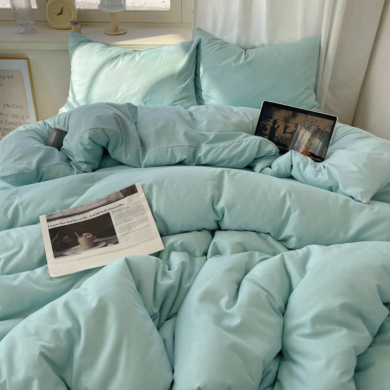 ins风双拼亲肤磨毛水洗棉四件套简约纯色单人被套学生宿舍三件套