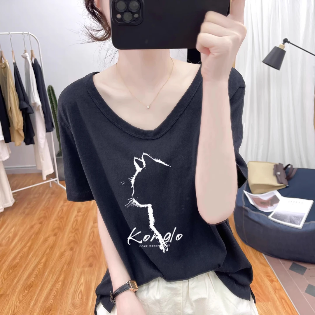 雪花棉短袖T恤女2025年夏季新款鹅领宽松胖mm大码高级感正肩上衣