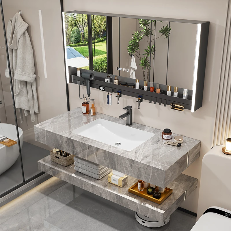 现代简约岩板陶瓷无缝衔接一体盆卫生间酒店浴室柜洗手台盆柜组合