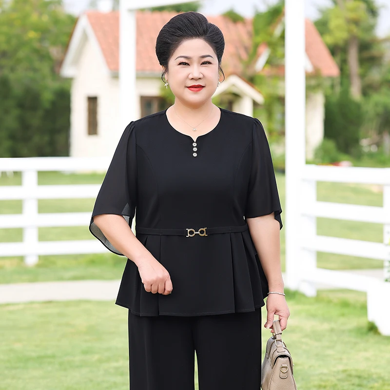 大码妈妈装洋气薄款雪纺短袖夏装中老年女装圆领显瘦时尚上衣裤子