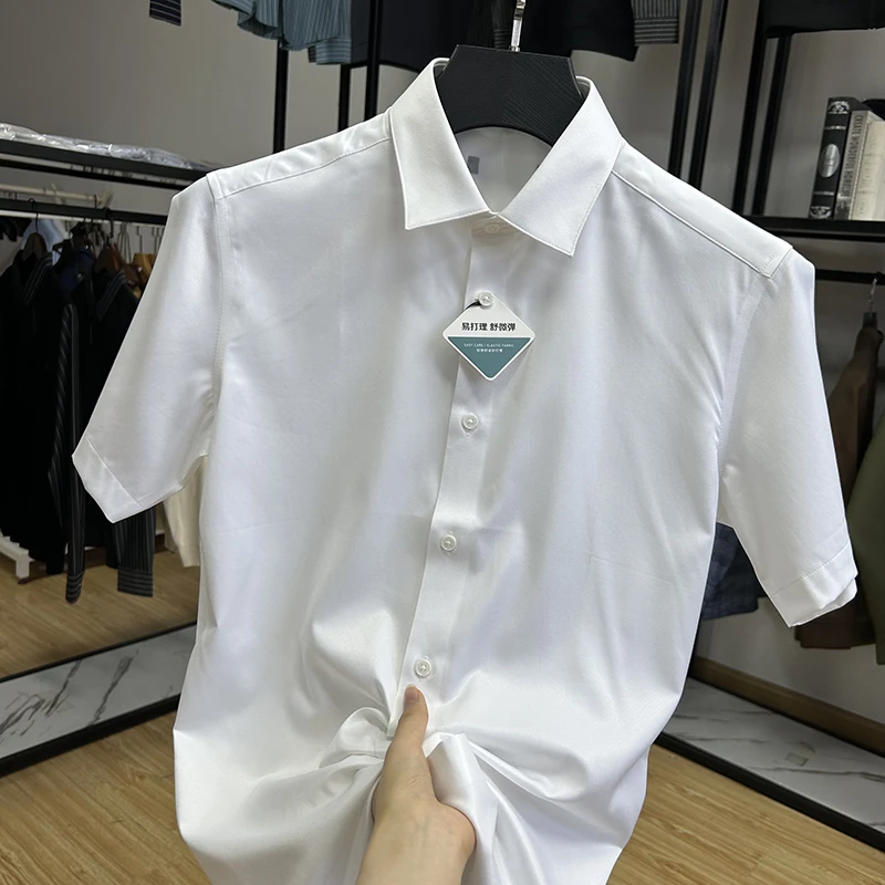 易打理商务正装白色尖领男士短袖衬衫夏新品修身透气寸衫 Y5T1091