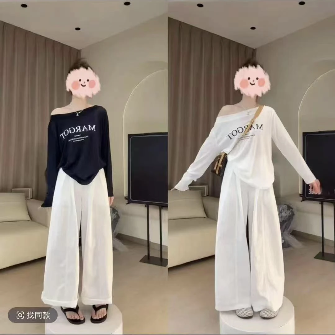 2025秋季韩系百搭宽松简约斜肩T时尚显瘦直筒阔腿裤两件套女