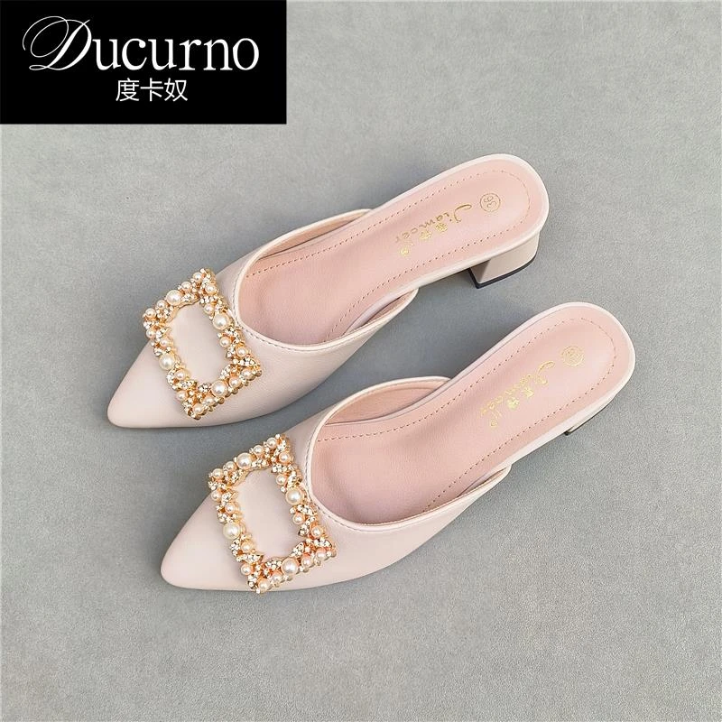 DUCURNO 包头半拖单鞋女外穿2025夏新款超火尖头粗跟拖鞋配裙女鞋