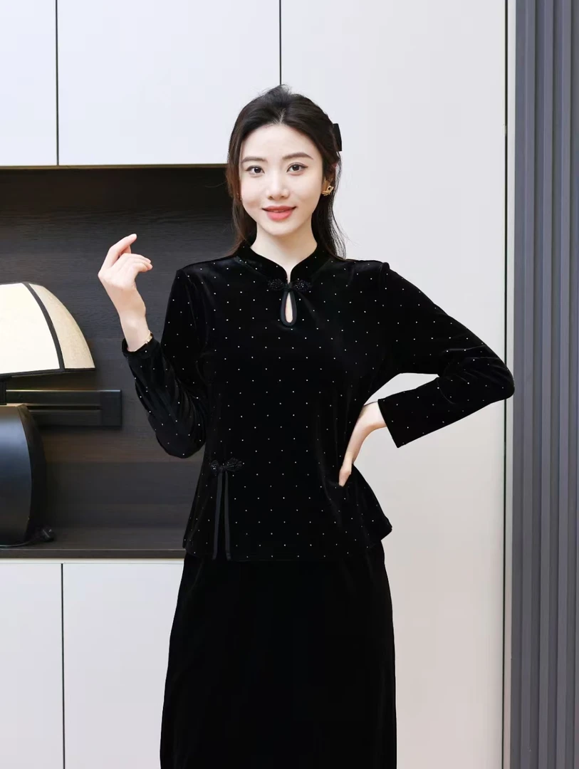 2025春款满天星丝绒打底上衣立领盘口复古中式风时尚百搭显瘦洋气
