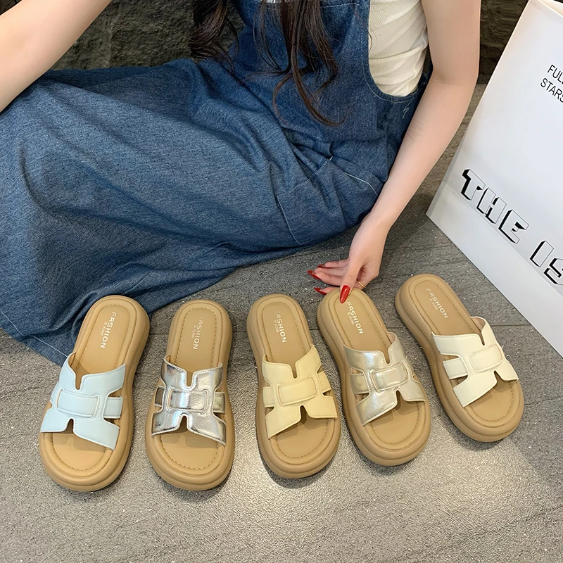 纯色沙滩法式日常编织增高一字拖百搭平底凉拖鞋ins软底网红