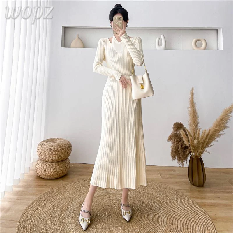 高级感长袖针织连衣裙子女秋冬季新款法式茶歇收腰显瘦气质毛衣裙