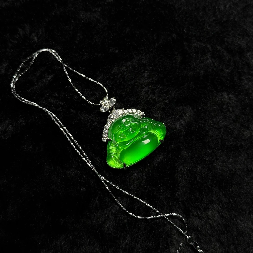 冰种辣绿佛公大肚佛荚吊坠镀银