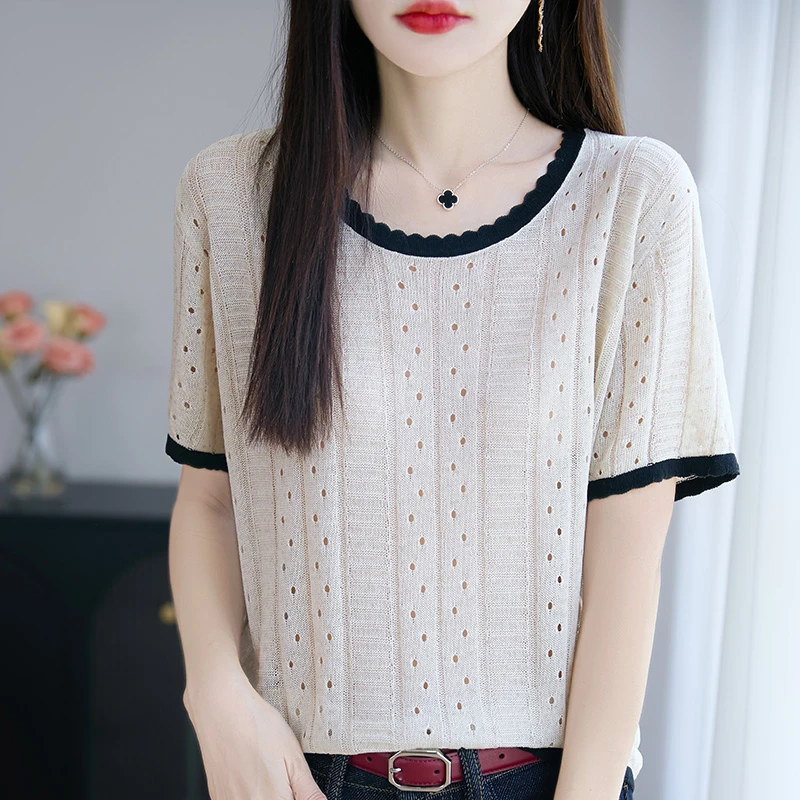 夏季天丝亚麻短袖圆领镂空坑条显瘦女士T恤