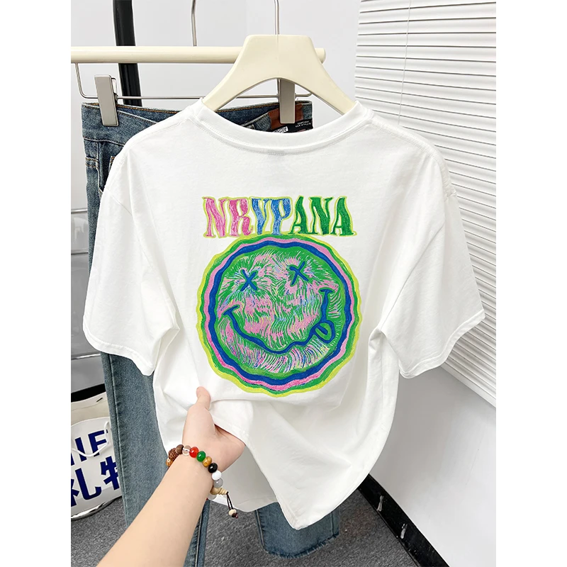 夏季新款韩系ins洋气前后印花设计小众纯棉白色短袖t恤女内搭上衣