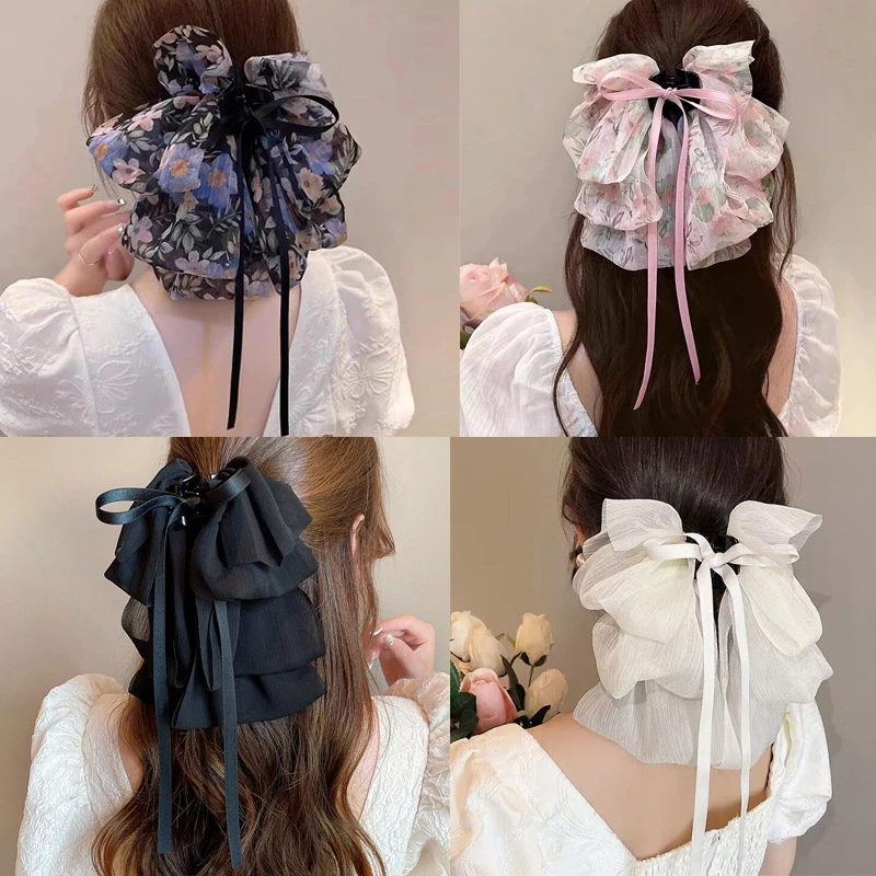 超仙碎花蝴蝶结飘带抓夹高级感多用发夹女后脑勺鲨鱼夹马尾发饰夏