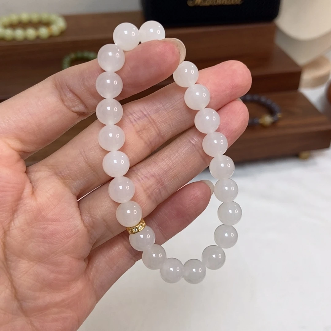 手链银S925镶嵌和田玉8mm白玉福利款