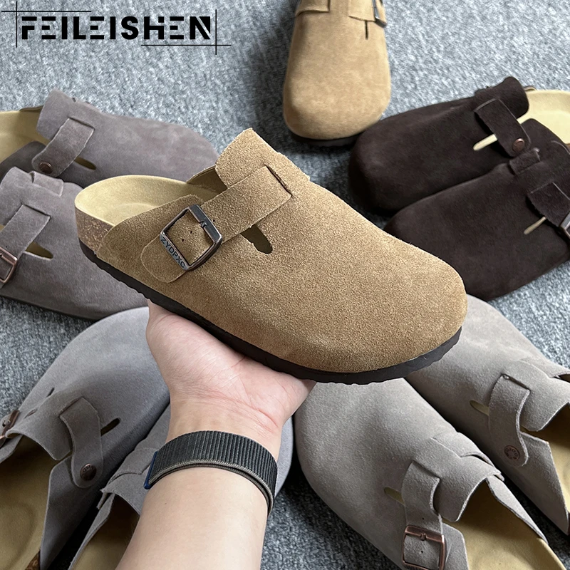 FEILEISHEN 男士反绒皮懒人软底休闲外穿勃肯鞋情侣复古半拖鞋