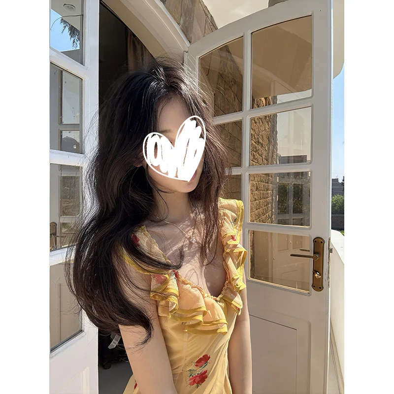 法式绝美黄色碎花吊带连衣裙女夏季新款海边度假风气质收腰长裙子