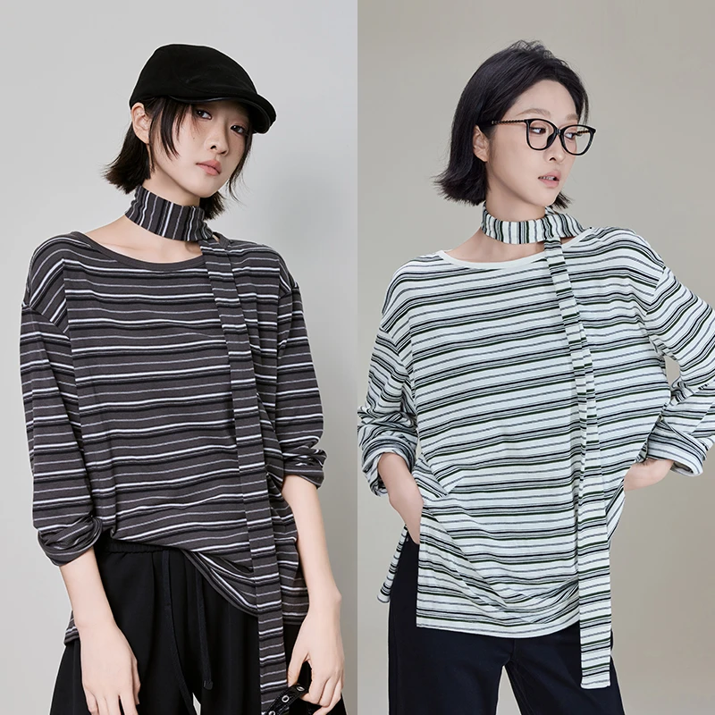A美洋MEIYANG 黑巧长袖T恤【欧若风】 宽松圆领条纹衫/围巾S