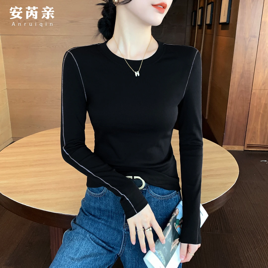 撞色圆领长袖打底衫女内搭秋冬季新款小众设计感显瘦正肩上衣T恤