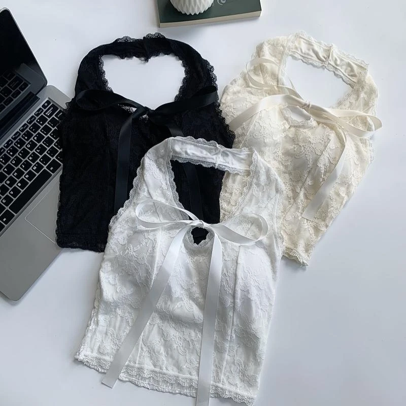 性感蕾丝边挂脖吊带背心春夏蝴蝶结带胸垫内搭上衣