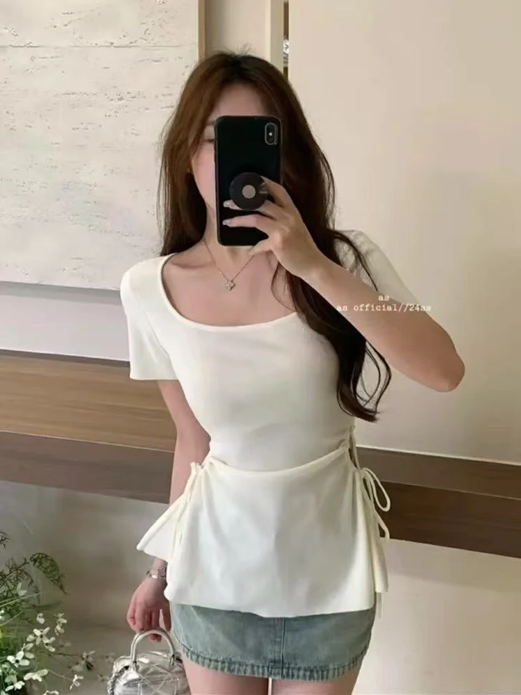 大码女装纯欲侧抽褶心机短袖胖mm遮肉显瘦半袖小衫