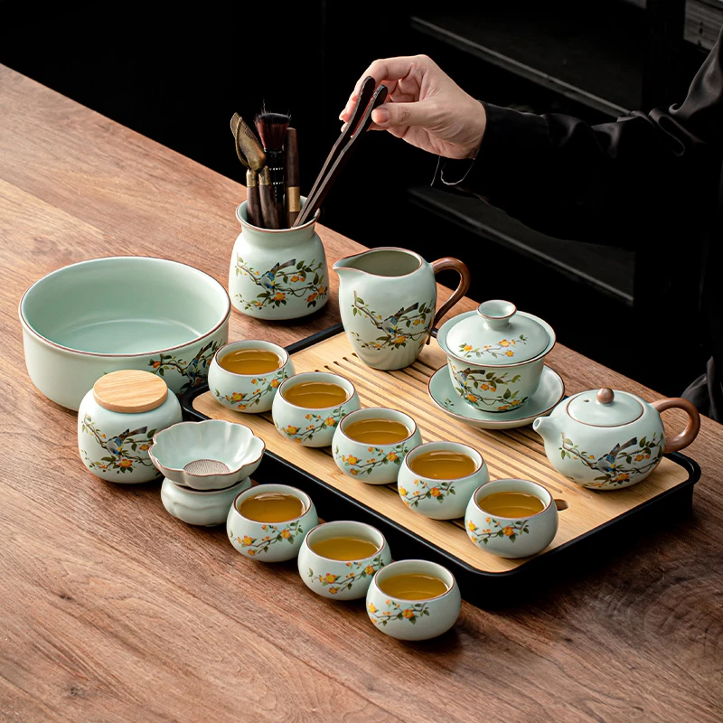 高颜值天青汝窑西施壶功夫茶具茶盘套装全套家用待客泡茶高端器具