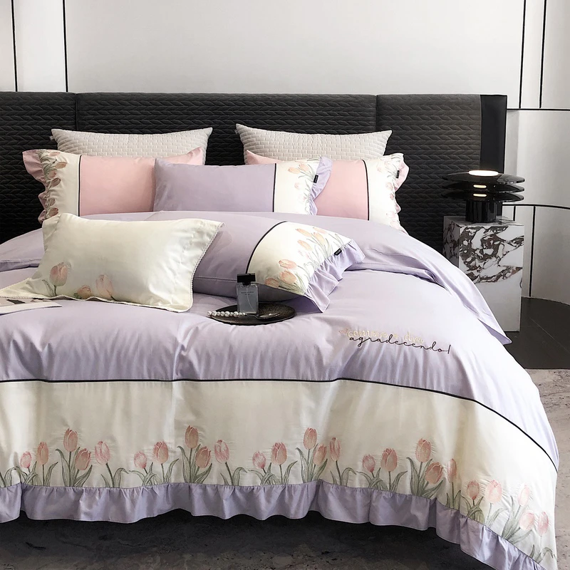 【粉色郁金香】法式浪漫花朵刺绣全棉纯棉100%棉四件套套件