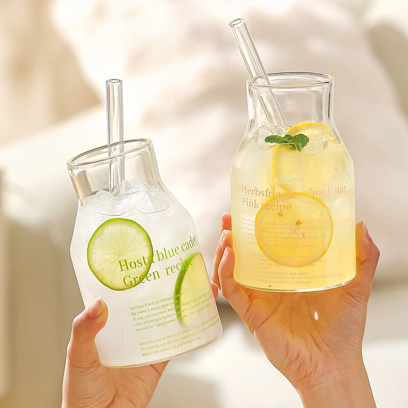 川岛屋玻璃杯女高颜值吸管水杯家用大容量奶茶果汁牛奶杯咖啡杯子