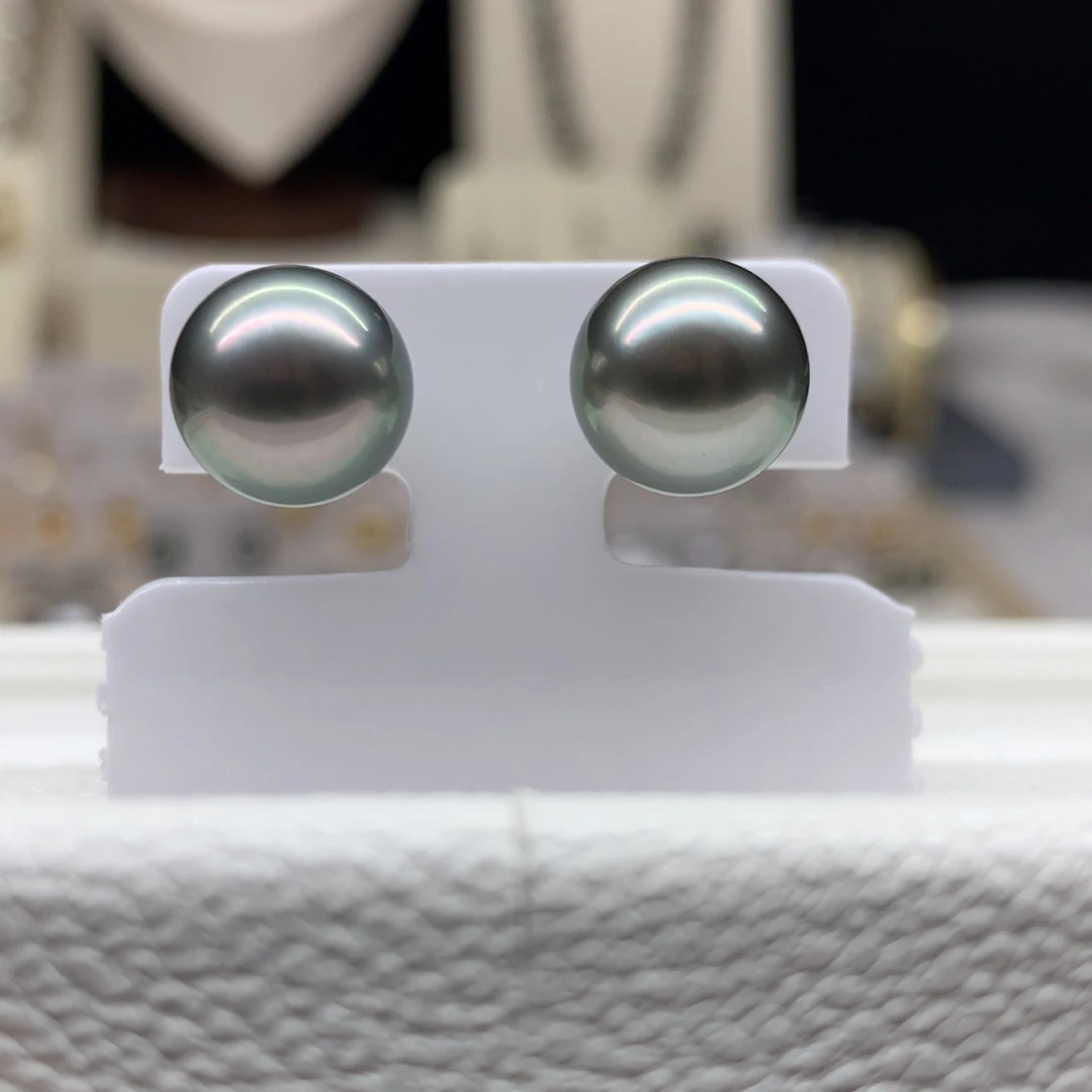 海水珍珠18K金镶嵌耳饰10.7mm黑珍珠耳钉