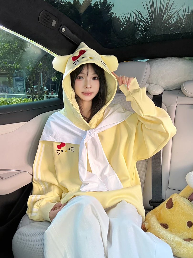 国潮可爱kt小猫刺绣连帽卫衣女春秋季宽松披肩设计感慵懒风外套衫