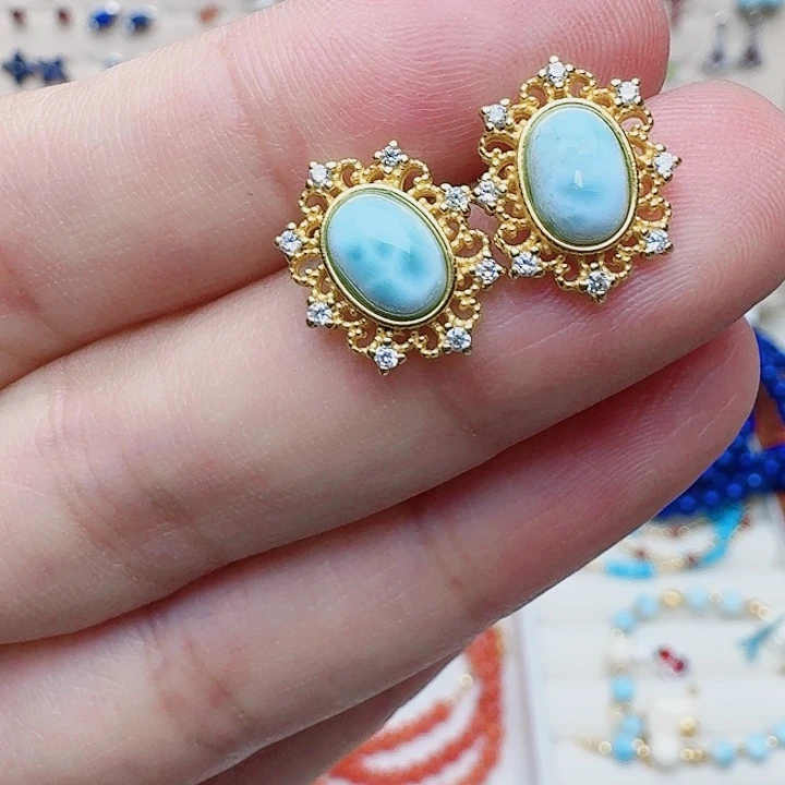 针钠钙石（海纹石）颈饰银S925镶嵌耳钉A101