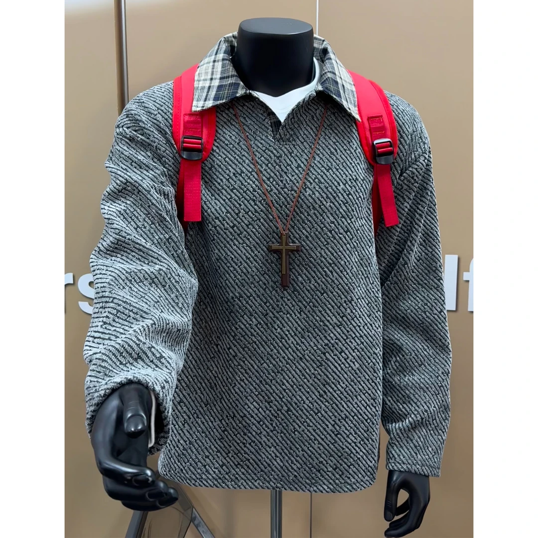 美式复古假两件拼接格纹领卫衣男秋冬加绒内搭套头小香风针织外套