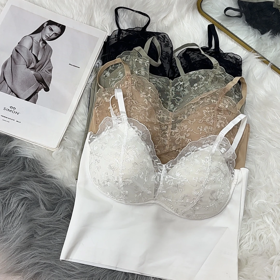 A004无痕夏季美背内搭法式薄款舒适蕾丝聚拢文胸吊带小胸