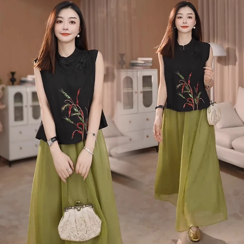 休闲风新中式气质印花衬衫中式文艺无袖上衣时尚女生韩系ins衣服