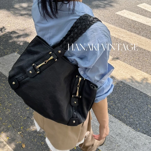 95新 GUCCI/古驰 花绮中古/Gucci黑色托特单肩包/95新