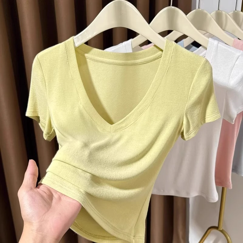 芯娇晴大领口短款t恤女装薄款夏季新款针织V领短袖上衣低领打底衫
