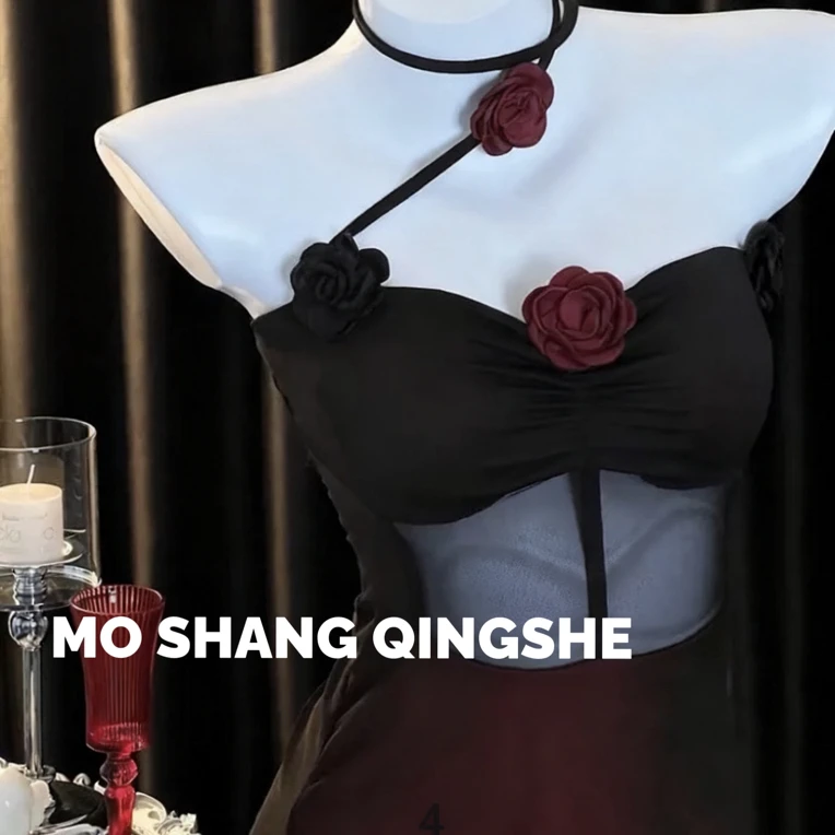 山茶玫瑰·辣妹裙网纱修身性感抹胸挂脖蕾丝纯欲复古诱惑吊带短裙