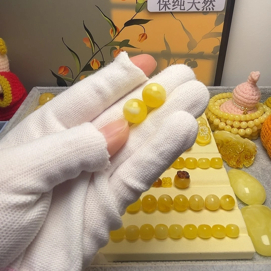 琥珀未镶嵌裸石圆珠对珠