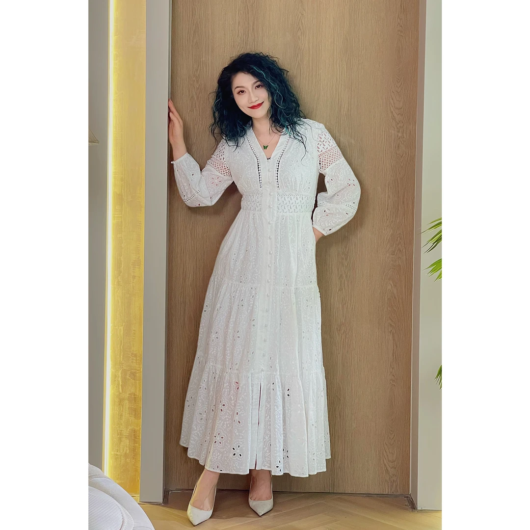 六丑【白月光】新款V领几何镂空蕾丝长袖连衣裙307LYQ0292
