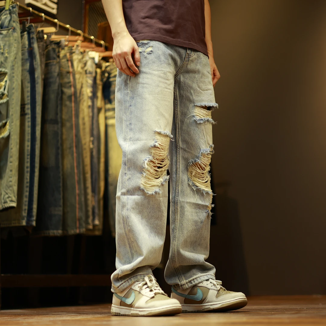 8512夏季薄款潮牌宽松美式高街水洗复古破洞乞丐休闲直筒牛仔裤