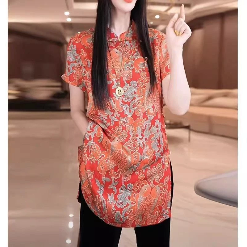 2025新中式复古盘扣国风印花衬衣女夏款减龄改良旗袍上衣爆款小衫