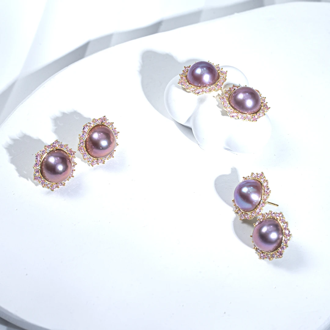 【紫嫣】淡水炫彩马贝6A级耳钉重工精工艺12-13mm（多样性发货发一）