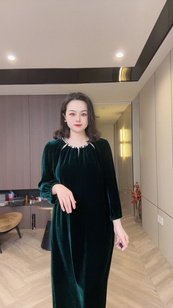 墨绿真丝丝绒休闲国风新中式女士桑蚕丝连衣裙m116