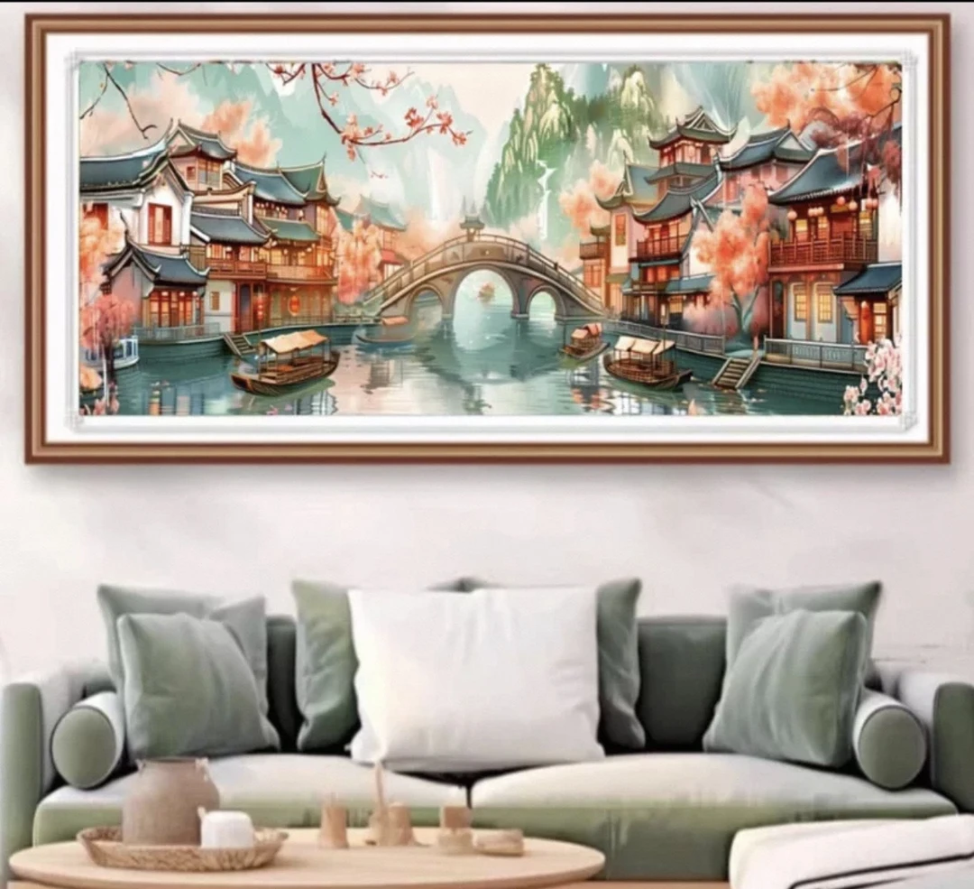 纯手工十字绣成品忆江南客厅风景大幅满绣中国风190×90厘米