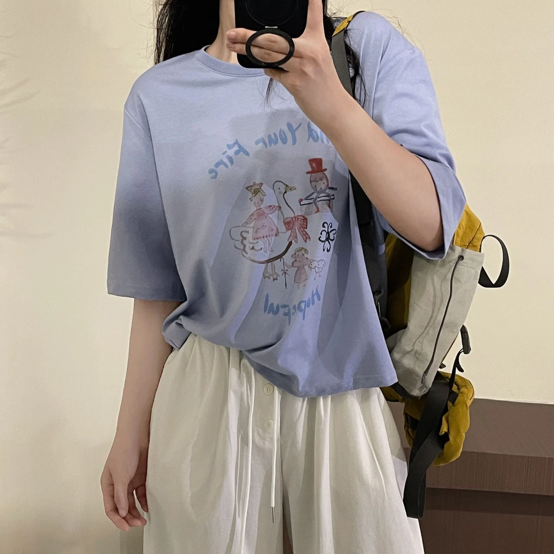 短袖印花半袖摩斯风休闲女士时尚韩版凉感短袖T恤-J25206315