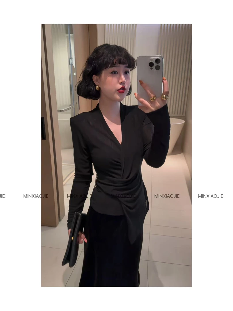 8803#时尚v领收腰上衣