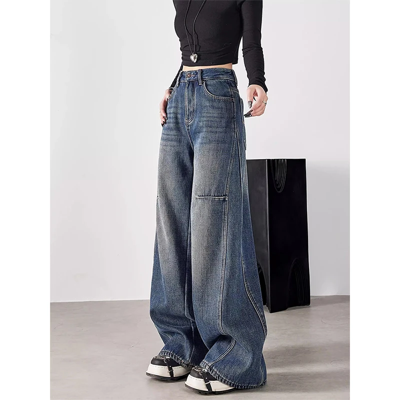 美式复古蓝色阔腿牛仔裤女春季2025新款高腰拖地宽松显瘦百搭裤子