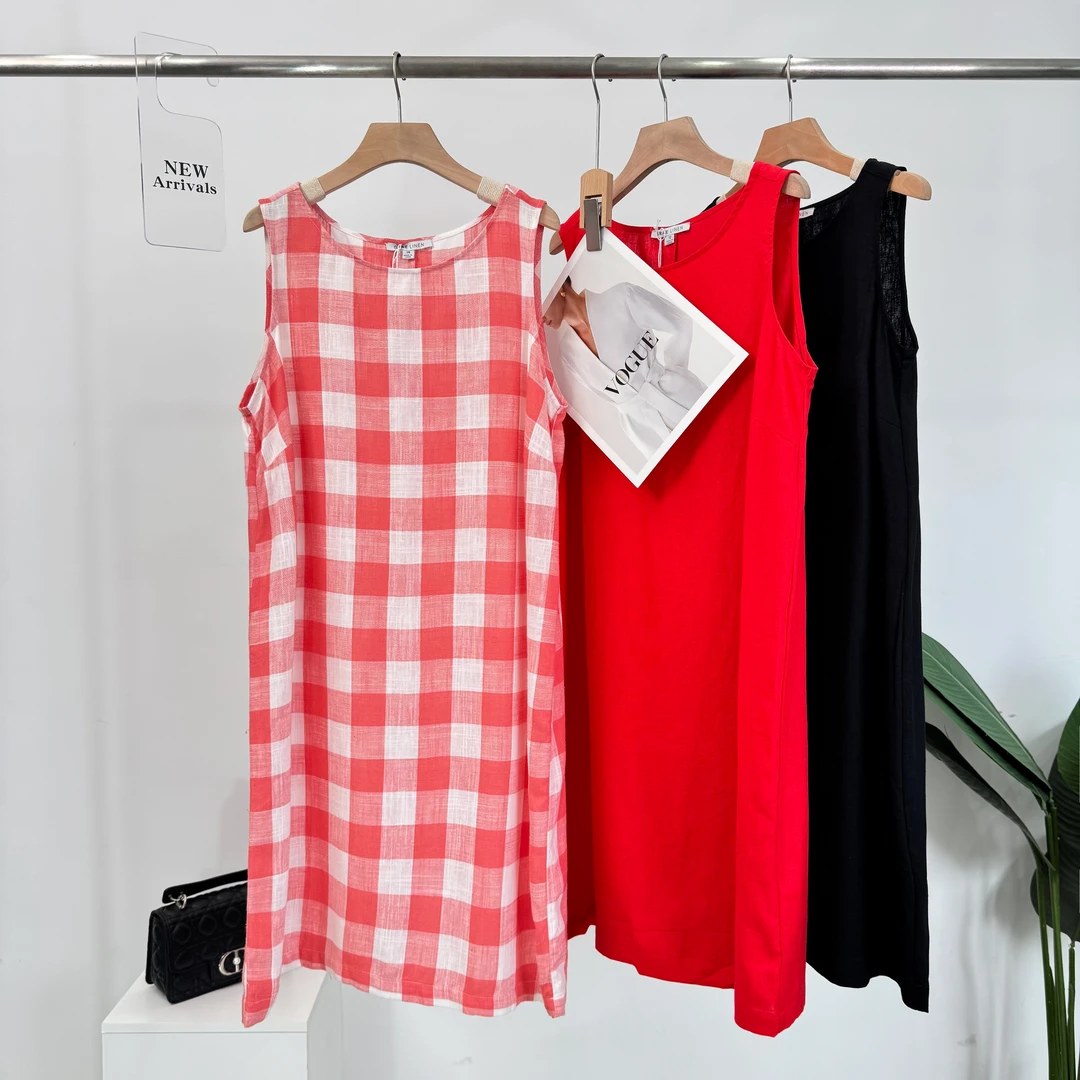 B470 夏日轻奢格子圆领修身无袖连衣裙轻薄简约居家可爱清甜慵懒