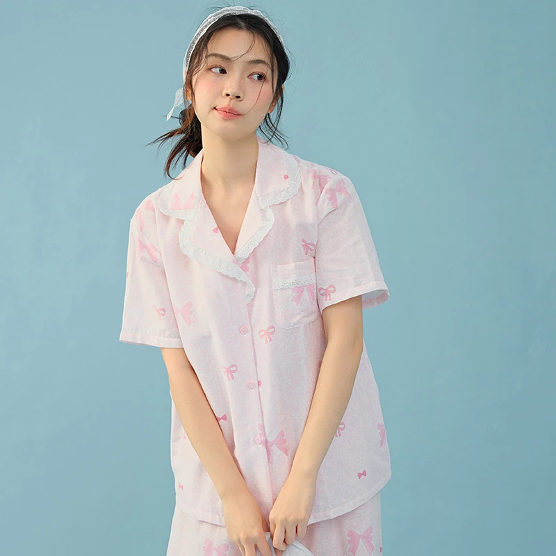 【粉色蝴蝶结】短袖蝴蝶结夏季女睡衣家居服套装时尚宽松可爱薄款