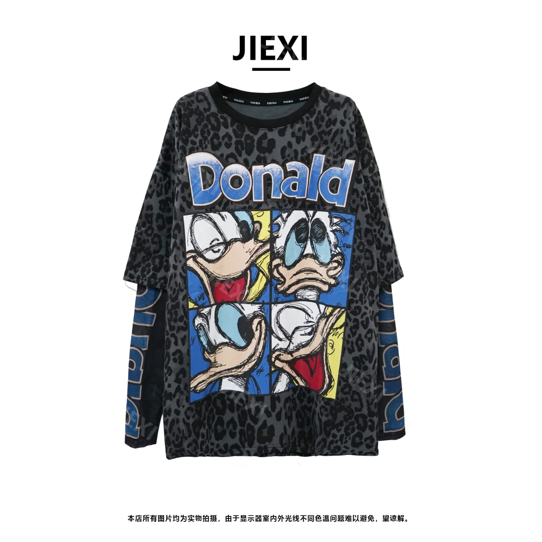 JIEXI潮酷宽松百搭重工印花豹纹拼接网纱袖假两件T恤jx3923