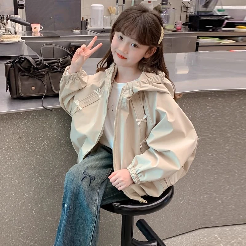女童秋装外套2025新款儿童洋气韩版女孩春秋季连帽蝴蝶结夹克上衣
