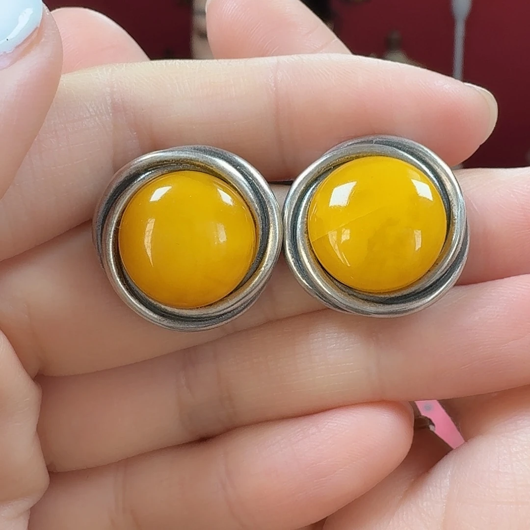 蜜蜡银S925镶嵌耳饰耳钉（裂）